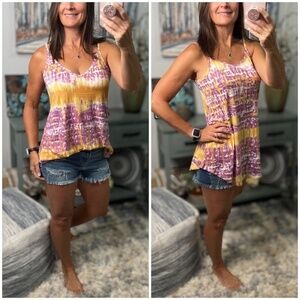 PLUS Reversible Leopard Scoop V-Neck Summer Tank Tie Dye Purple Yellow LSU 0323